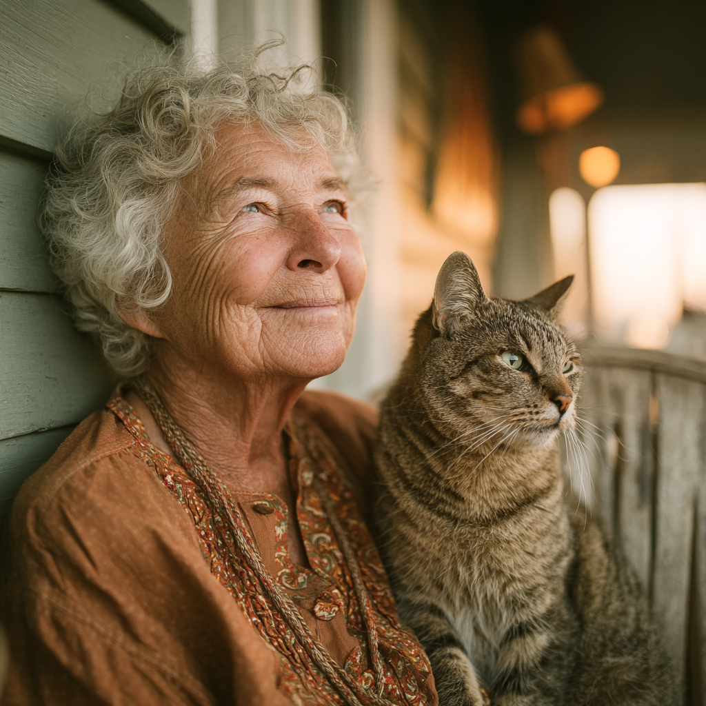 A happy woman sitting with her cat | Source: Midjourney