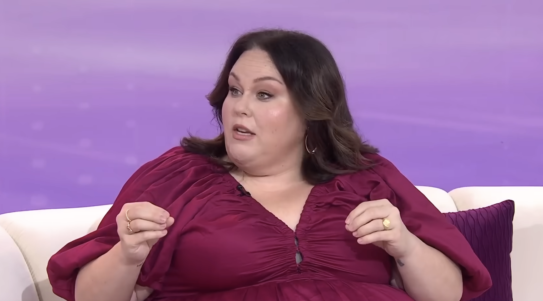 Metz appeared in a deep burgundy top during her interview on "TODAY with Jenna & Sheinelle." The close-up shows her during the same period she was speaking publicly about her GLP-1 treatment, reduced "food noise," and improved mobility. | Source: Youtube/jennasheinelle