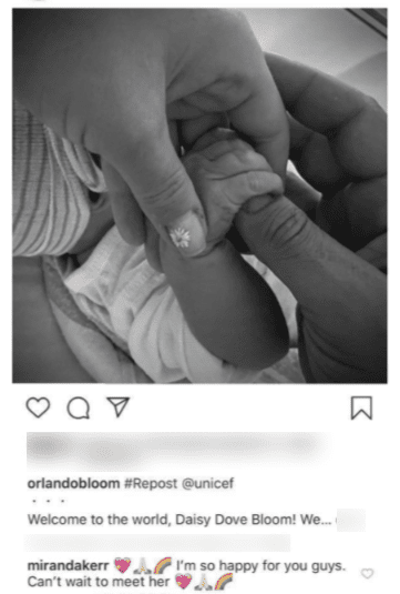 Miranda Kerr responds to Orlando Bloom and Katy Perry's birth announcement. | Source: Instagram/orlandobloom.
