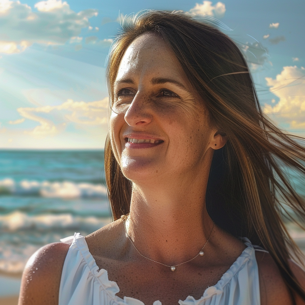 A woman smiling against the backdrop of the sea | Source: Midjourney