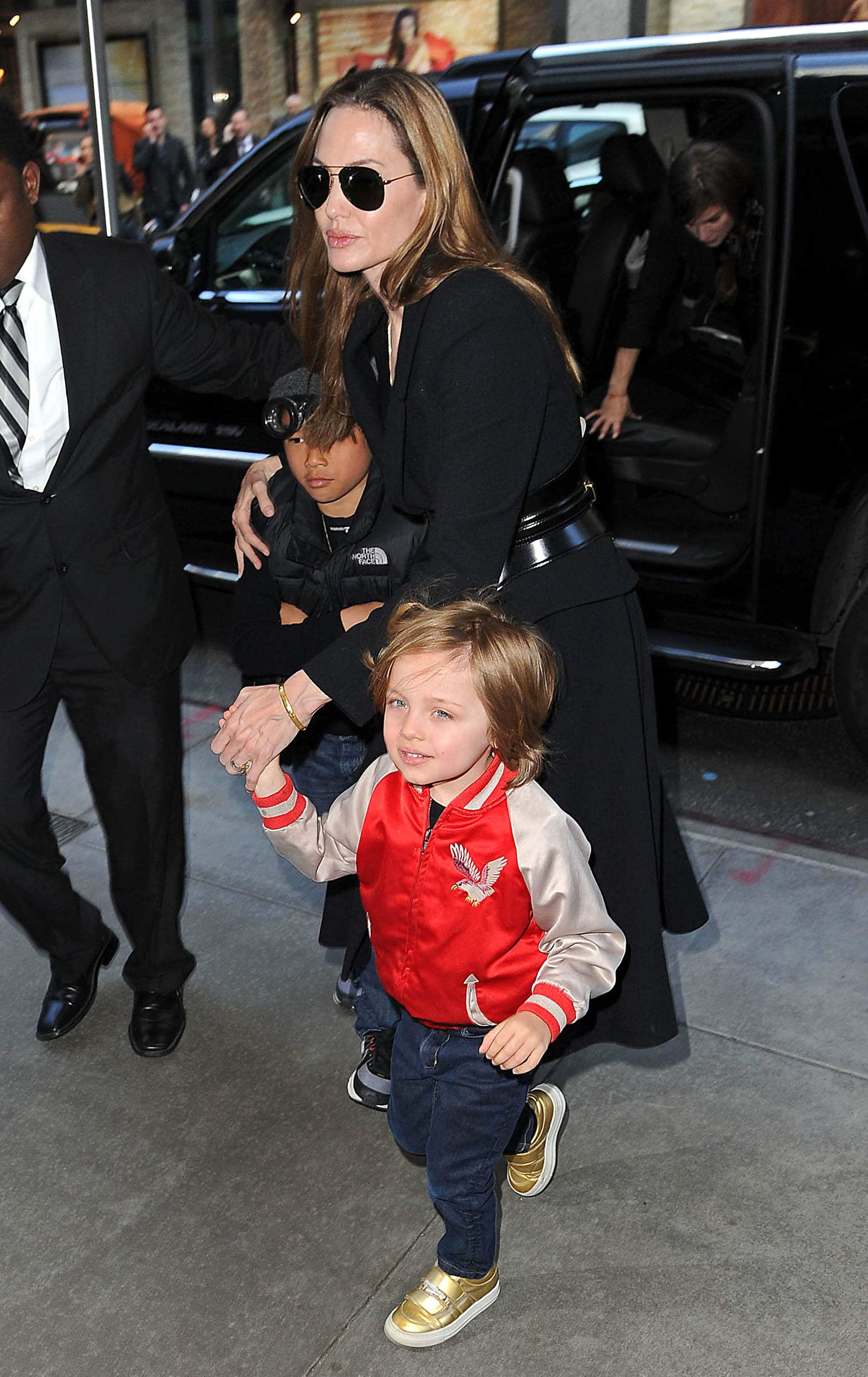 Pax Thien Jolie-Pitt, Angelina Jolie, and Knox Leon Jolie-Pitt are seen on April 5, 2013, in New York City.
