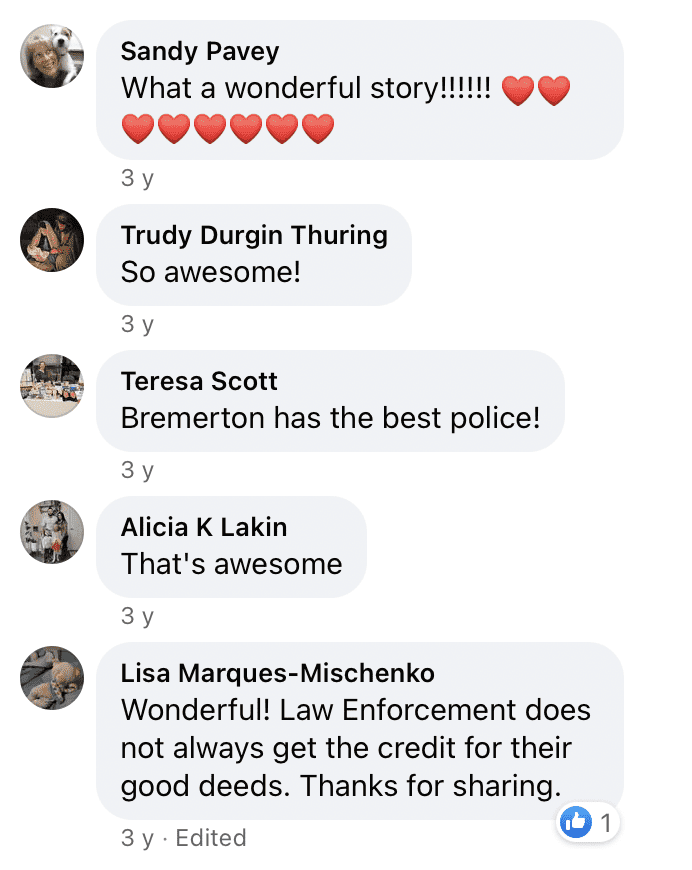 Netizens leave encouraging comments on BPD's Facebook post. | Photo: facebook.com/BremertonPD