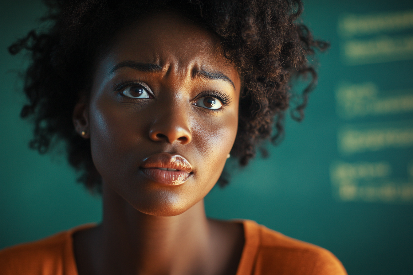 An anxious woman in a classroom | Source: Midjourney