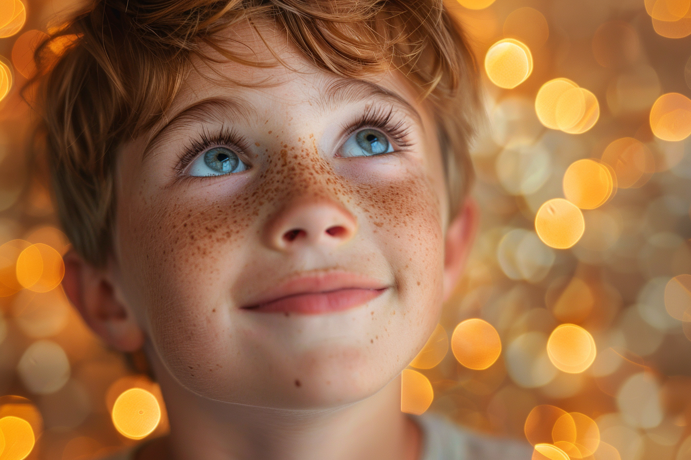 A boy with freckles looking up and smiling | Source: Midjourney