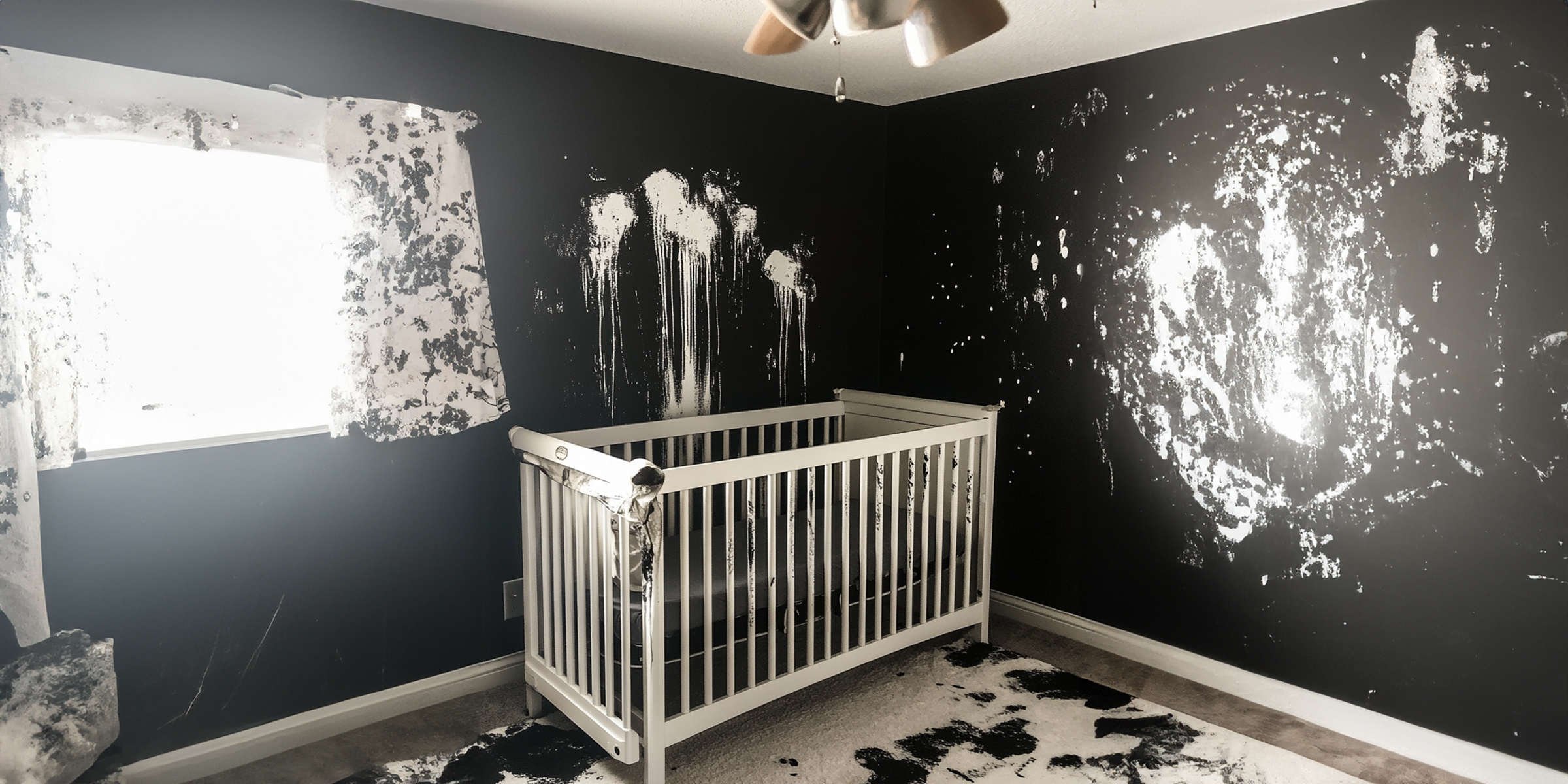 A ruined and messy baby's nursery repainted black | Source: 