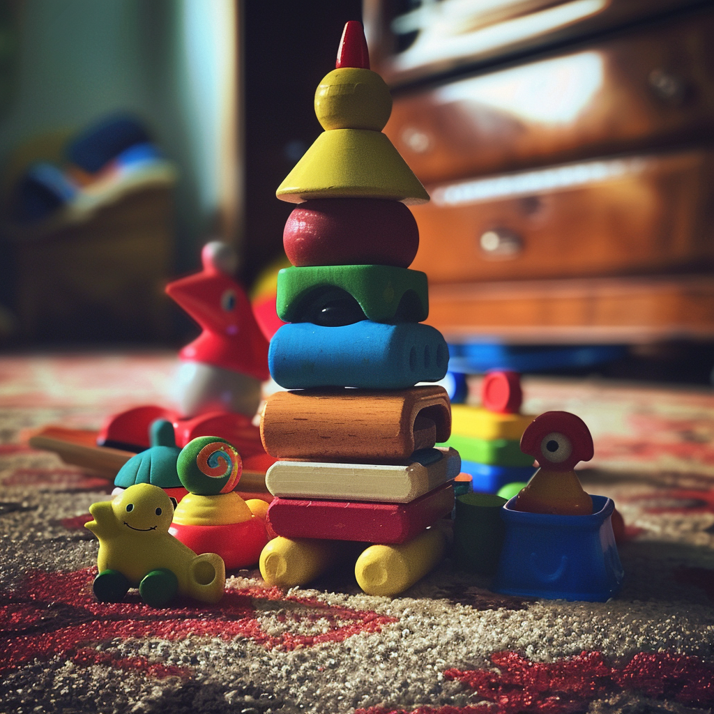 A stack of toys on a carpet | Source: Midjourney