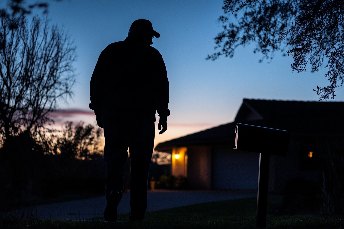 Silhouette of a man approaching a mailbox outside a house at night | Source: Midjourney