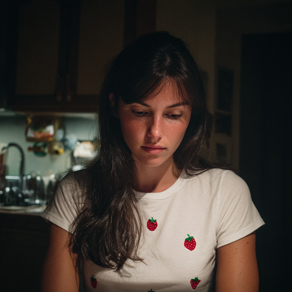 An emotional woman sitting at a table | Source: Midjourney