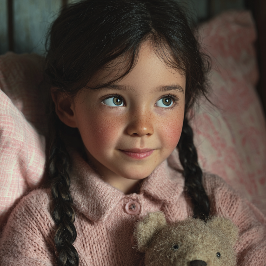 A smiling girl holding her teddy bear | Source: Midjourney