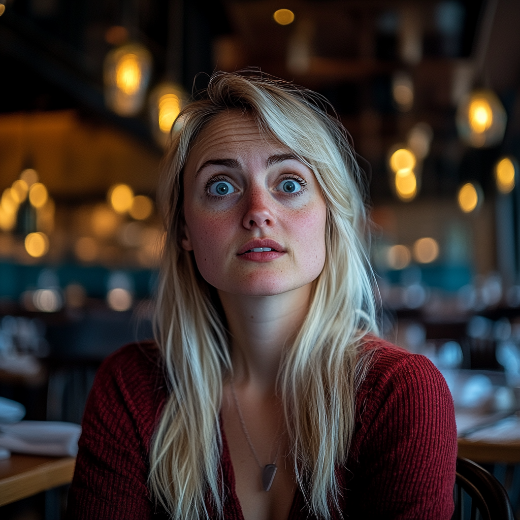 A stunned woman sitting in an upscale restaurant | Source: Midjourney