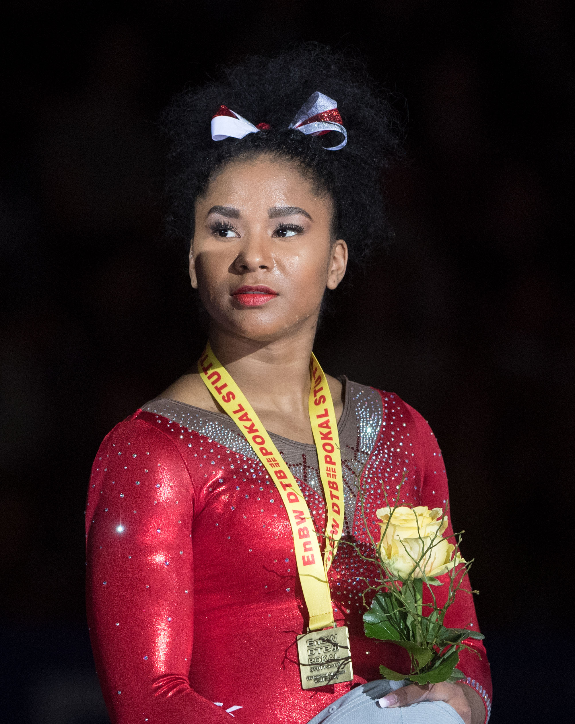 Jordan Chiles at the victory ceremony during the Gymnastics World Cup on March 18, 2018 in Germany. | Source: Getty Images