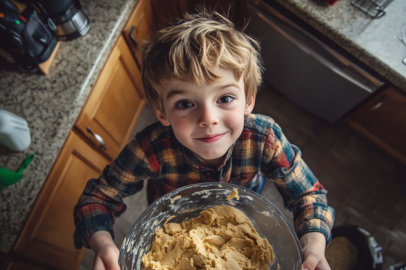 A boy with a bowl of cookie dough | Source: Midjourney