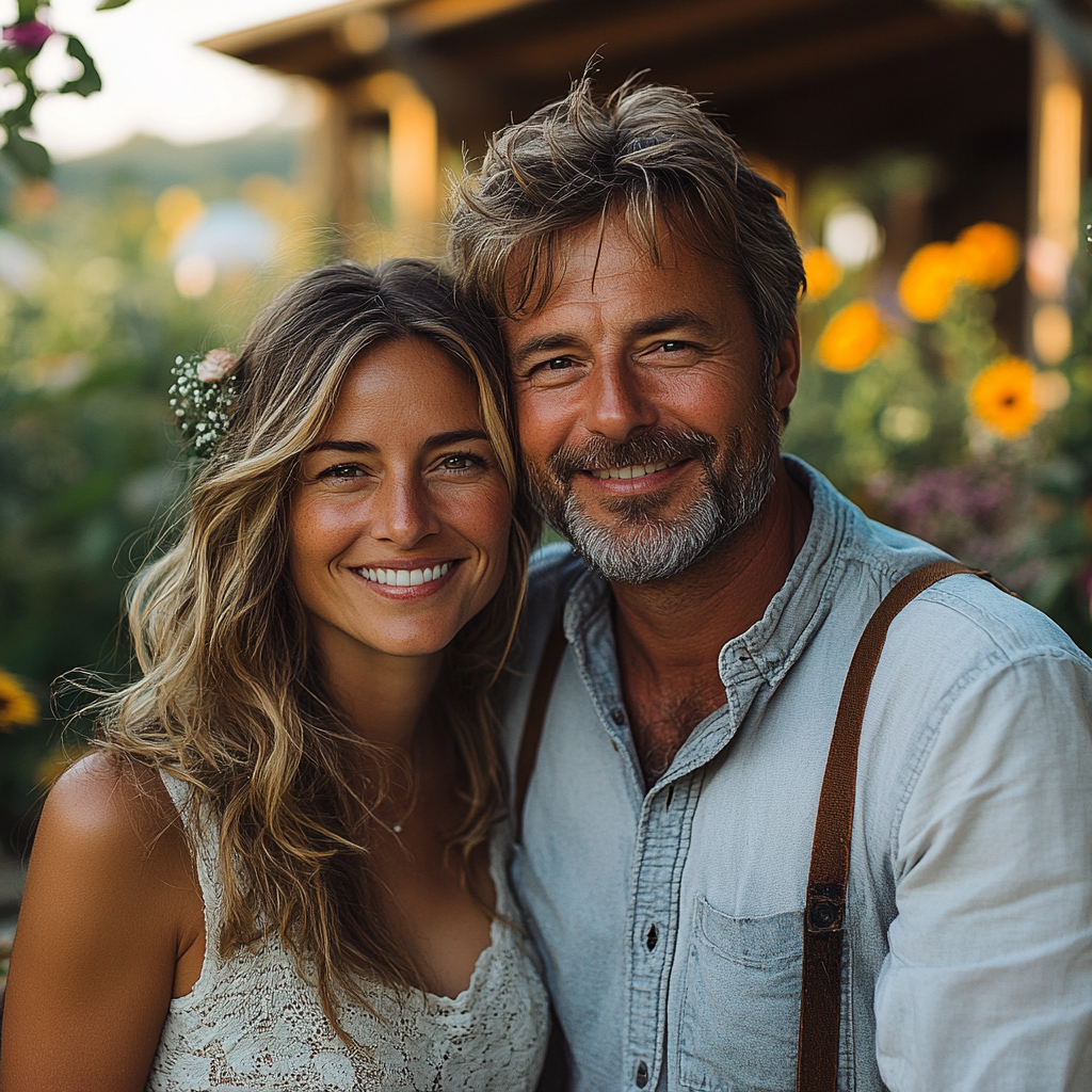 A couple smiling in their garden | Source: Midjourney