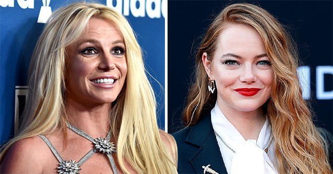 Britney Spears attends the 29th Annual GLAAD Media Awards and Emma Stone at the Los Angeles premiere of Disney's "Cruella" , April 2018 and May 2021 | Source: Getty Images