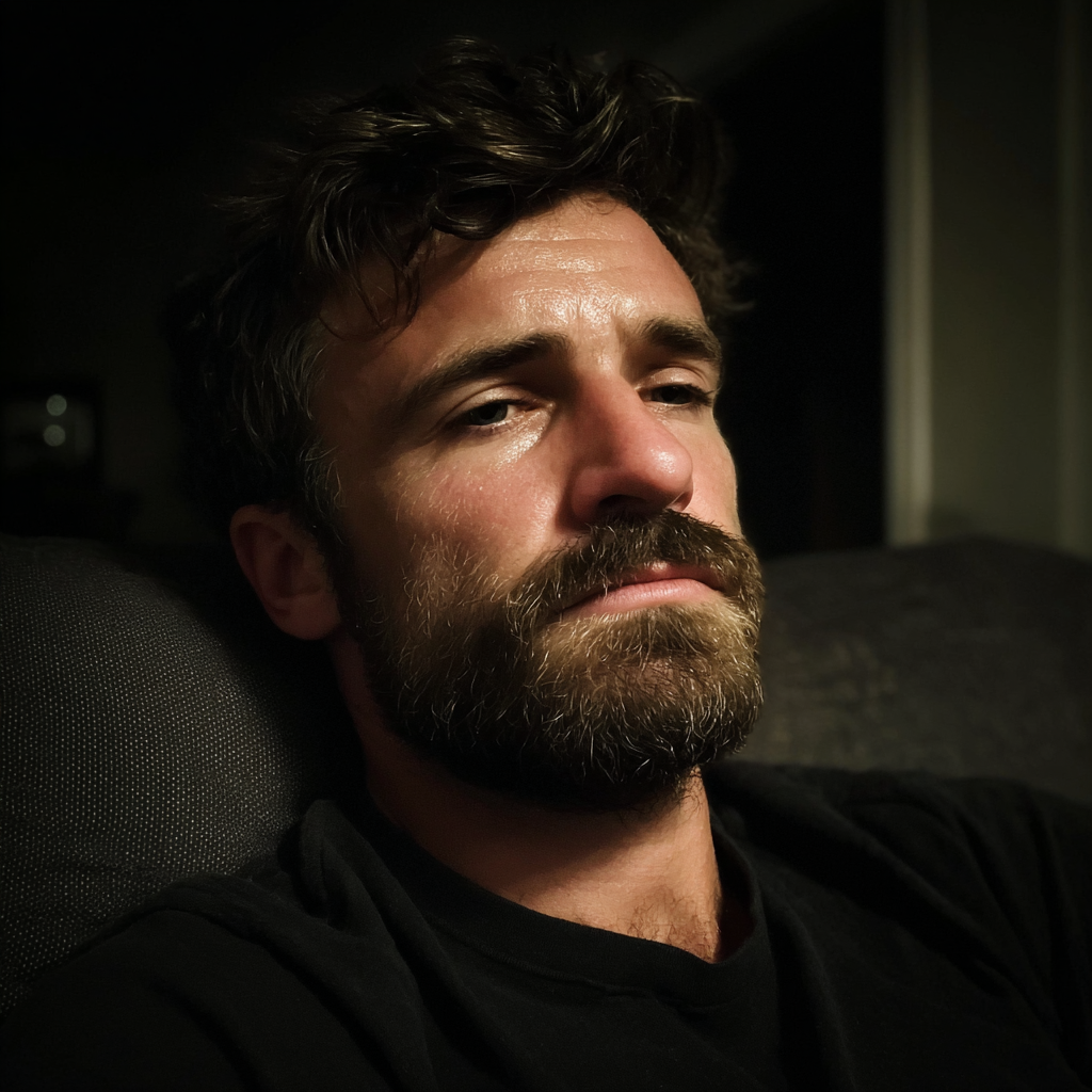 An upset man sitting on a couch | Source: Midjourney