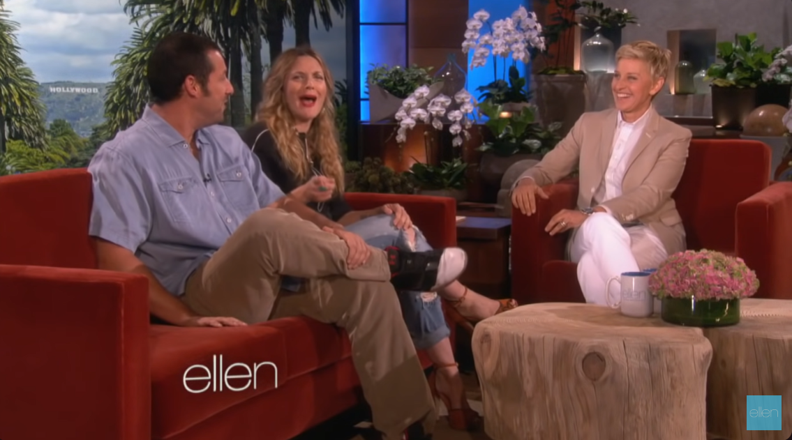 Drew Barrymore says Jackie Sandler would "berate" Adam if he wasn't romantic enough on camera, in an interview on "The Ellen Show," posted on May 14, 2014 | Source: YouTube/TheEllenShow