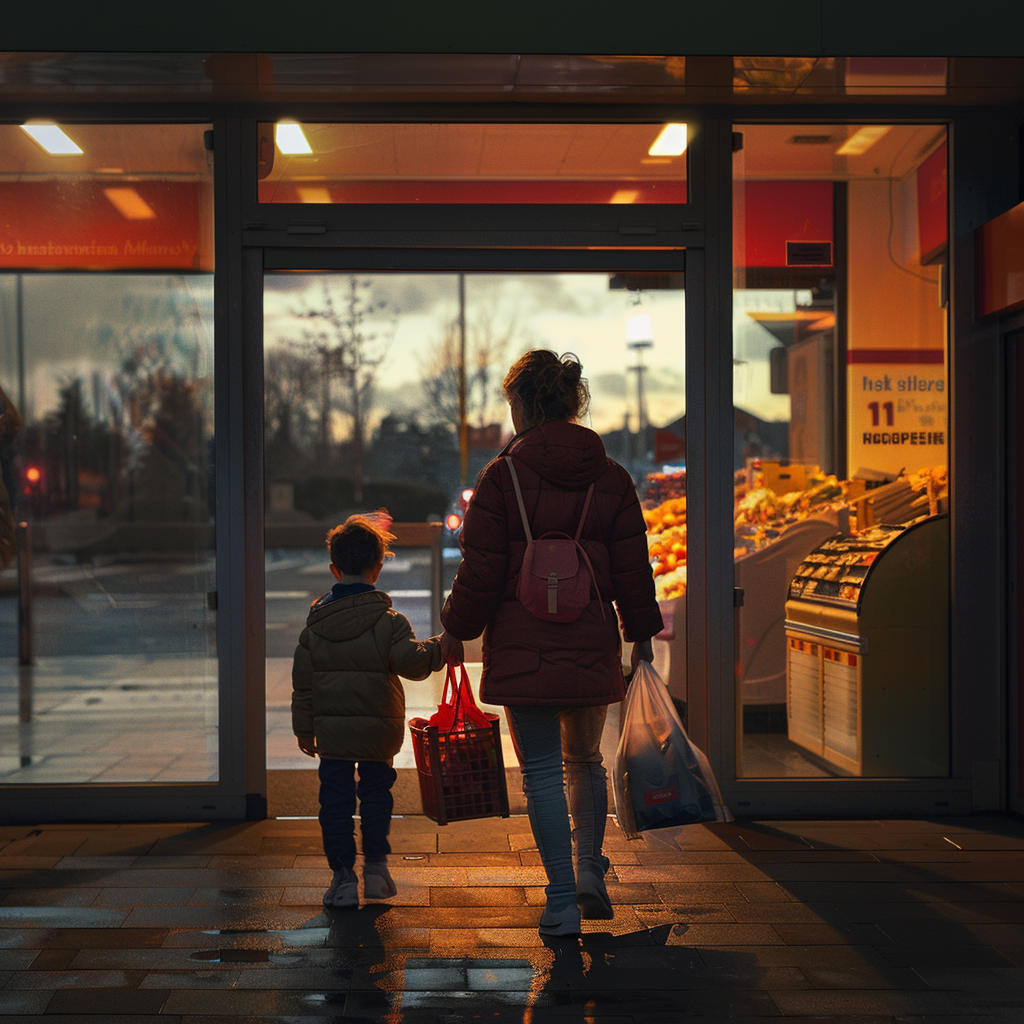 William and his mother leaving the supermarket | Source: Midjourney