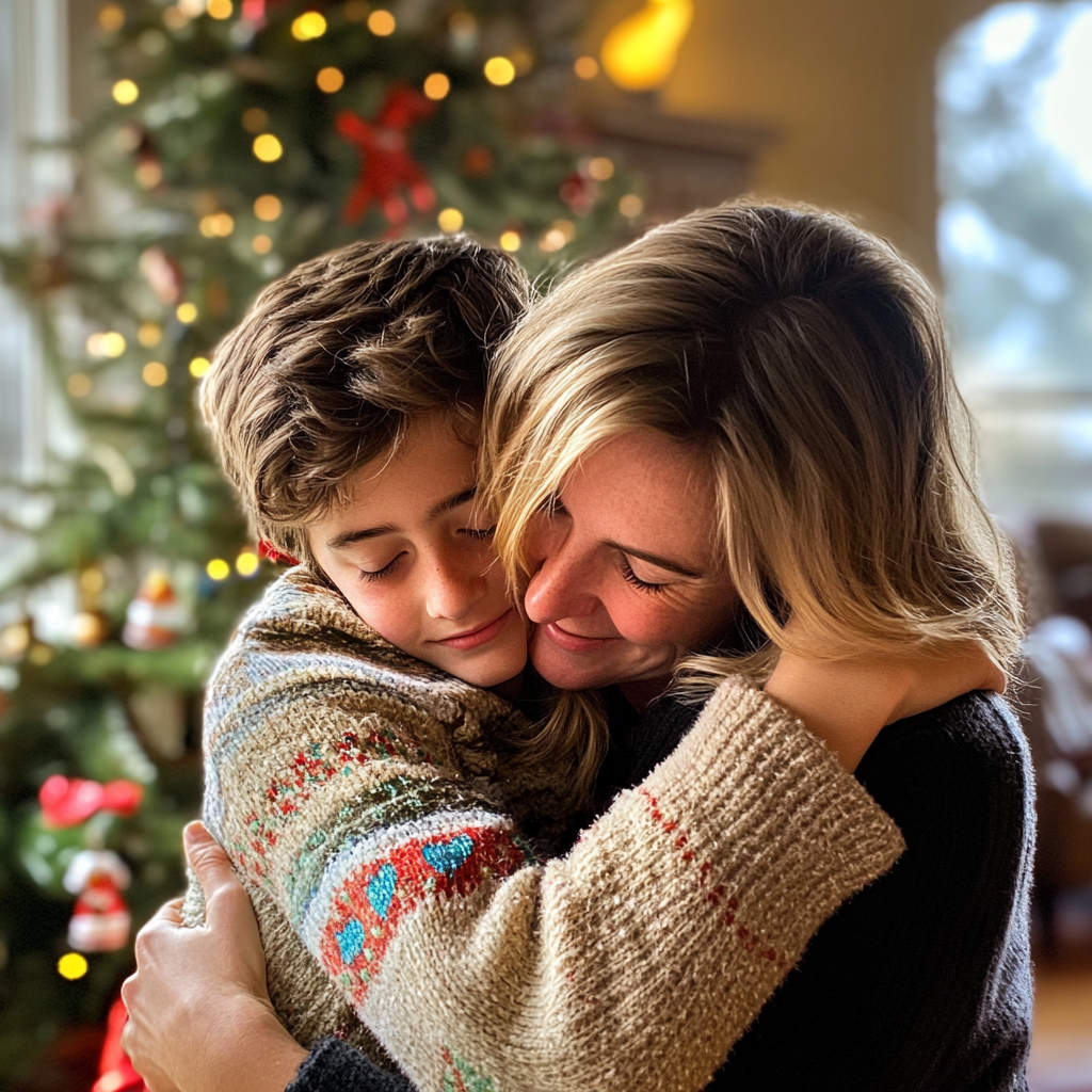 A woman hugging her son | Source: Midjourney