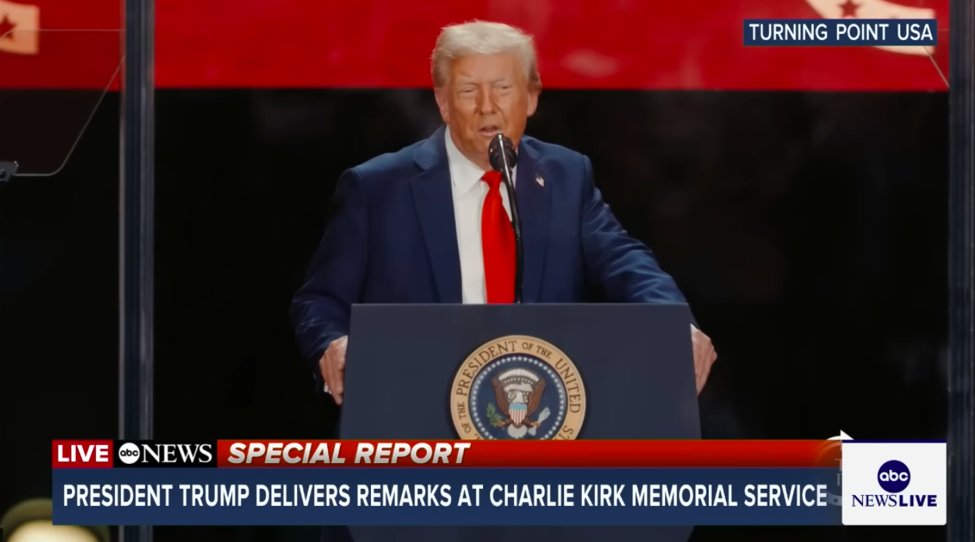 Donald Trump speaking onstage at Charlie Kirk's memorial service, posted on September 22, 2025. | Source: YouTube/ABC News