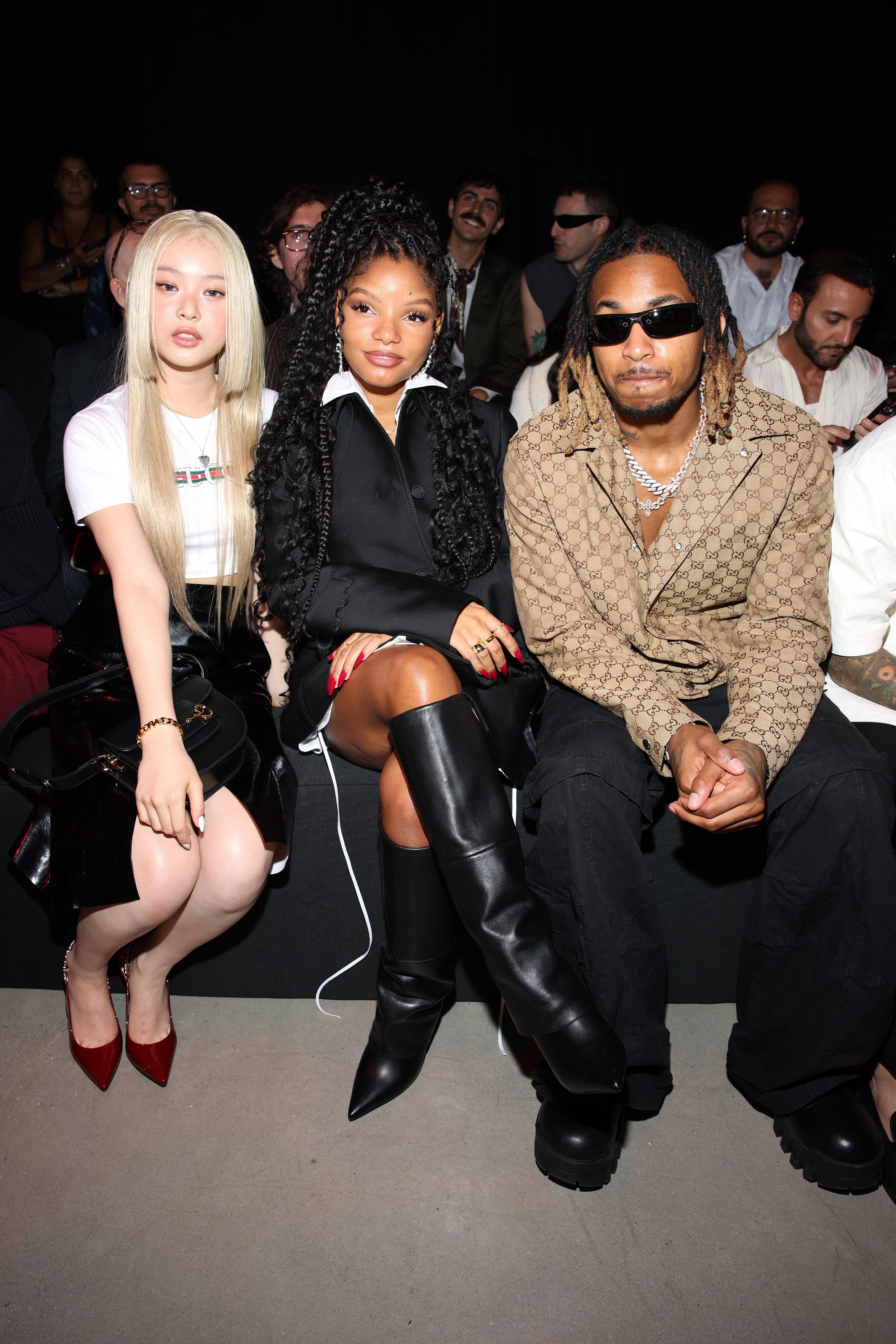 Hanni, Halle Bailey, and DDG photographed at Gucci Ancora during Milan Fashion Week on September 2023 | Source: Getty Images