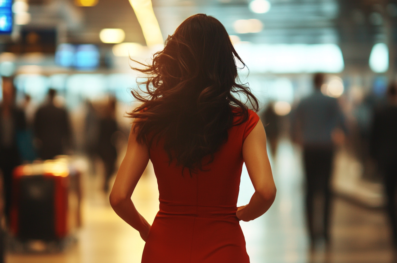 A woman running through an airport | Source: Midjourney