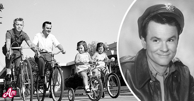 Bob Crane biking with three of his children, and Crane portraying Col. Robert Hogan in "Hogan's Heroes" | Photo: Getty Images