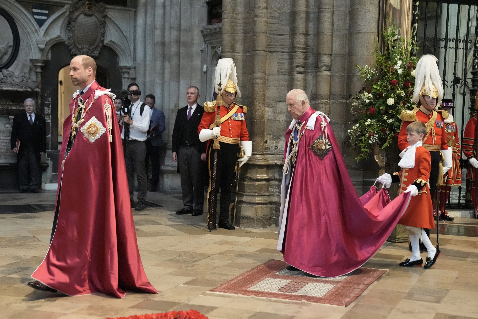 Prince William and King Charles III arrive for the Service for the Oath and Installation of the Great Master and the Knights Grand Cross at Westminster Abbey on May 16, 2025, in London, England | Source: Getty Images