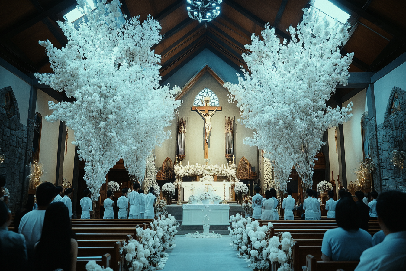 People dressed in white for a wedding | Source: Midjourney