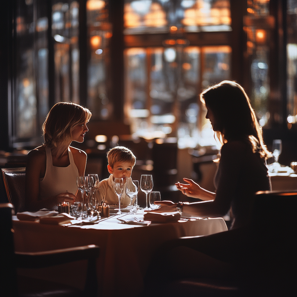 Hostess talking to mother and son at a restaurant | Source: Midjourney