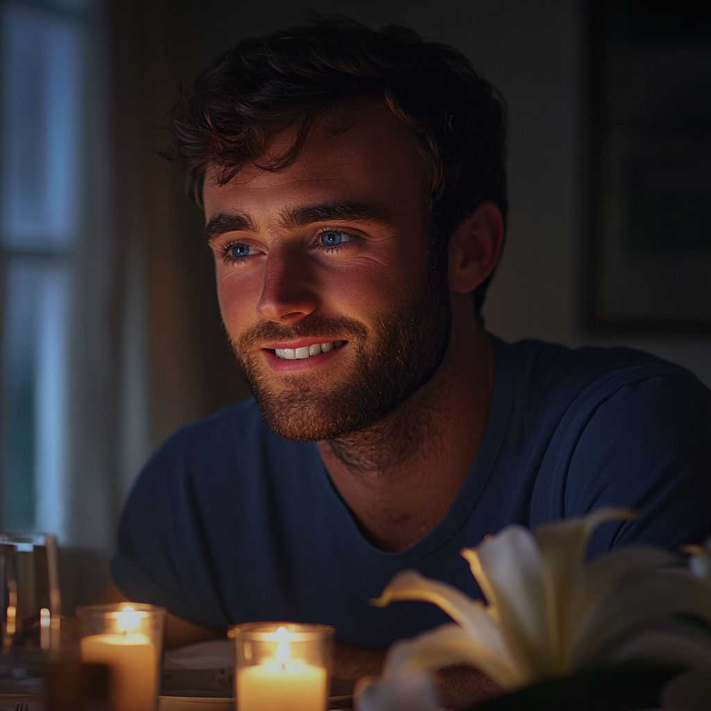 A man seated at a dining table and smiling | Source: Midjourney