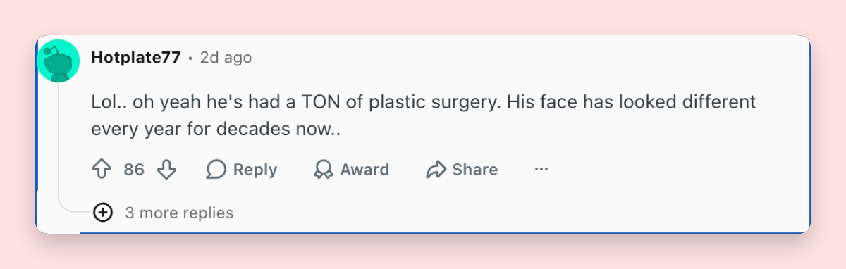 A netizen's comment about John Travolta's appearance at the 79th Cannes Film Festival in May 2026 | Source: Reddit/popculturechat