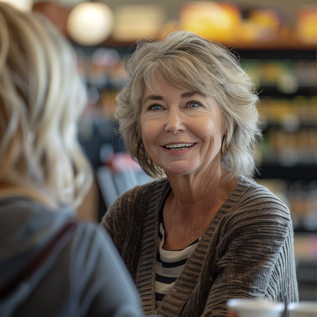 A senior woman talking to a female cashier in a grocery store | Source: Midjourney