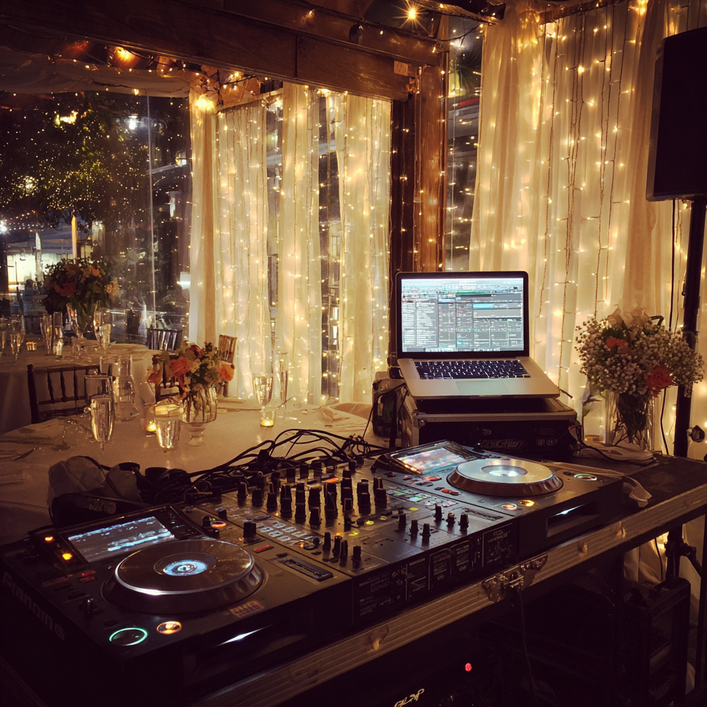 A DJ booth at a wedding | Source: Midjourney