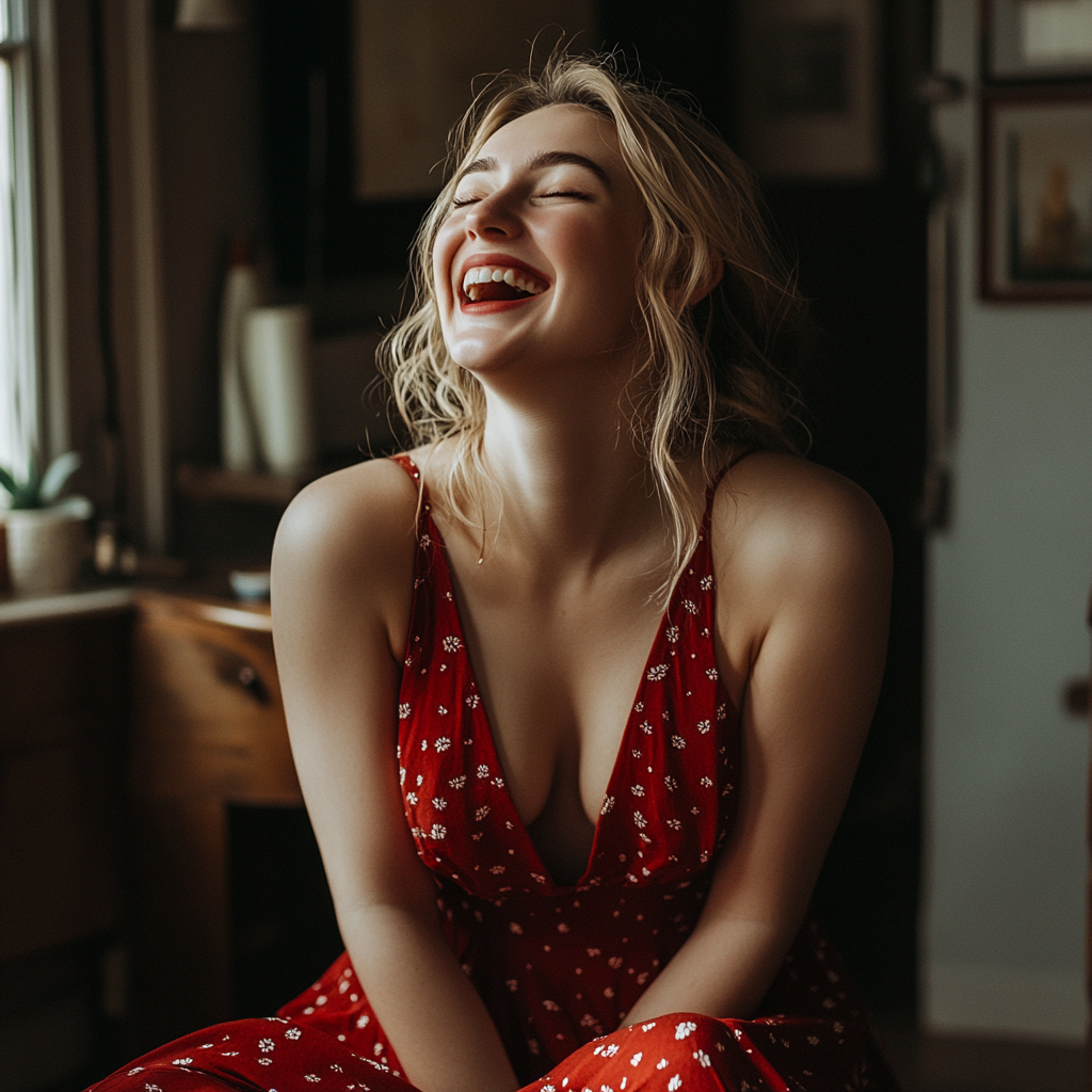 A woman laughing | Source: Midjourney