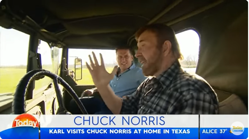 Chuck Norris and Karl Stefanovic at the actor's Texas ranch, from a video dated July 10, 2018 | Source: Youtube/@TodayShowAU
