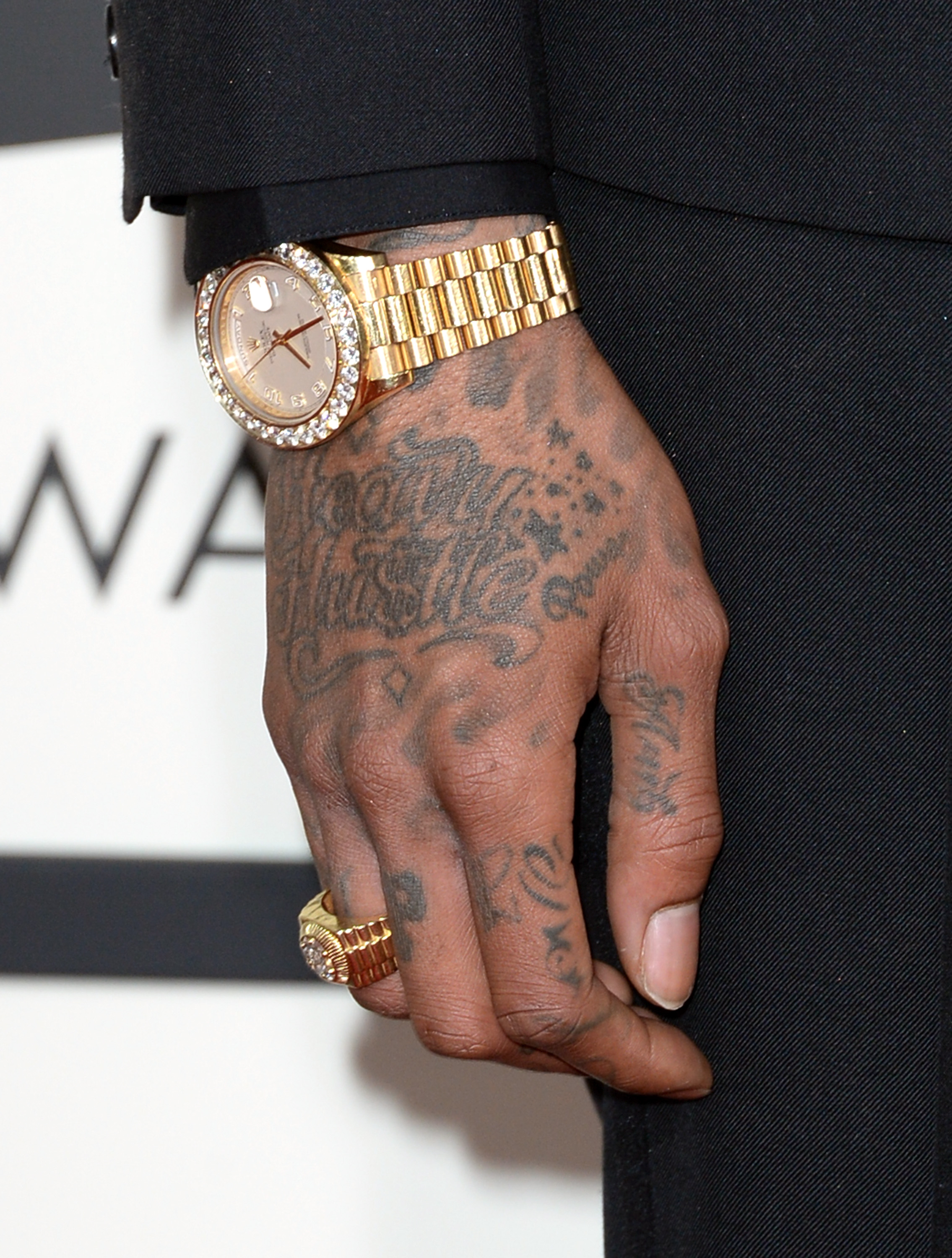 A close-up of Wiz Khalifa's watch while he attended the 56th Grammy Awards at Staples Center on January 26, 2014, in Los Angeles, California. | Source: Getty Images