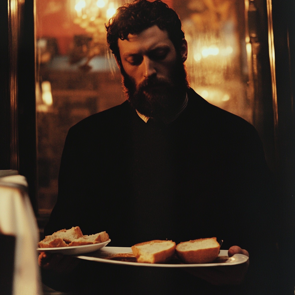 A man holding two plates of bread | Source: Midjourney