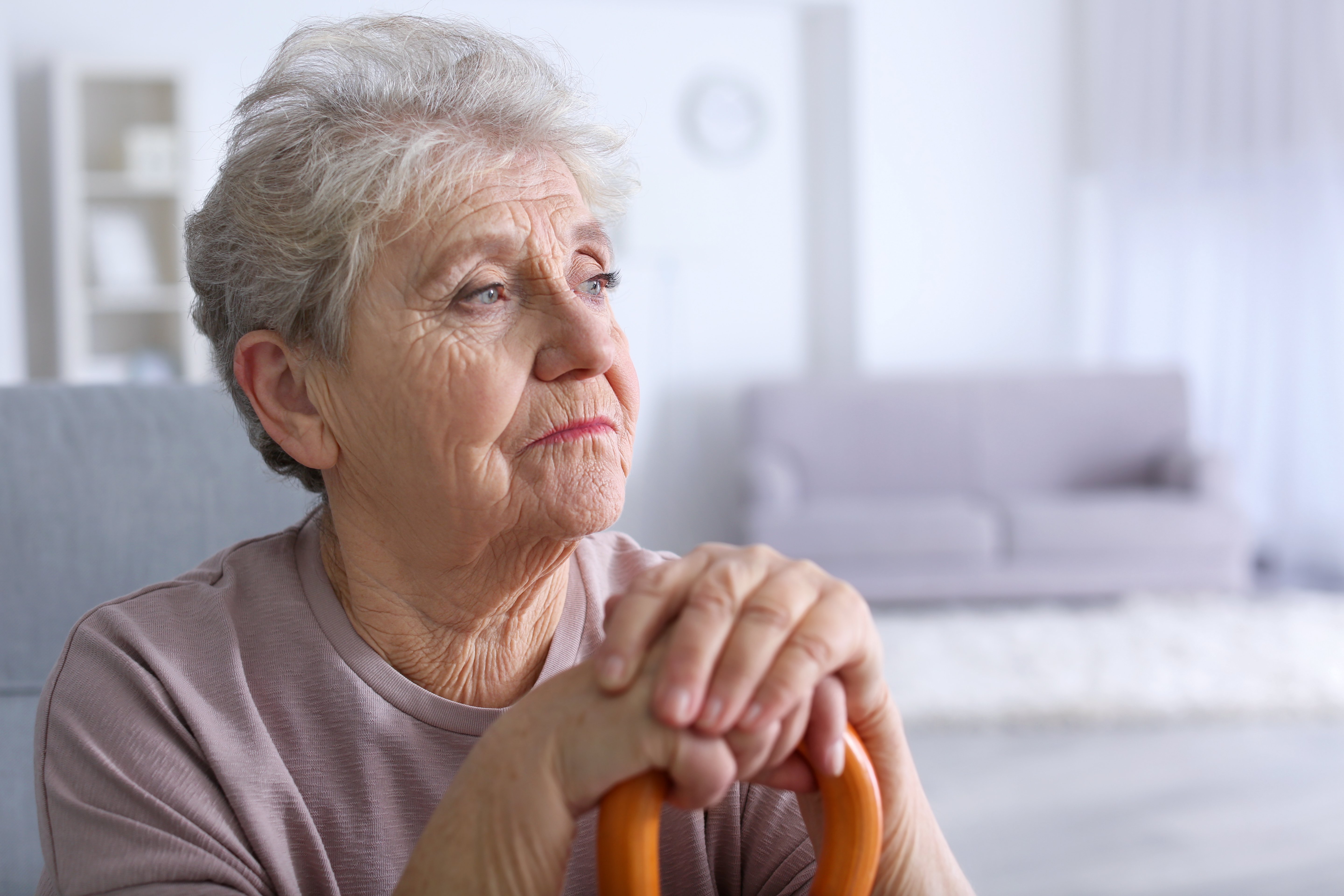 Ältere Frau mit Spazierstock zu Hause | Quelle: Shutterstock