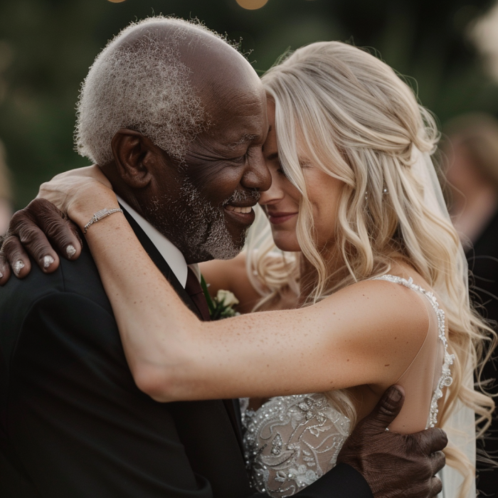 A bride hugging her stepfather on her wedding day | Source: Midjourney