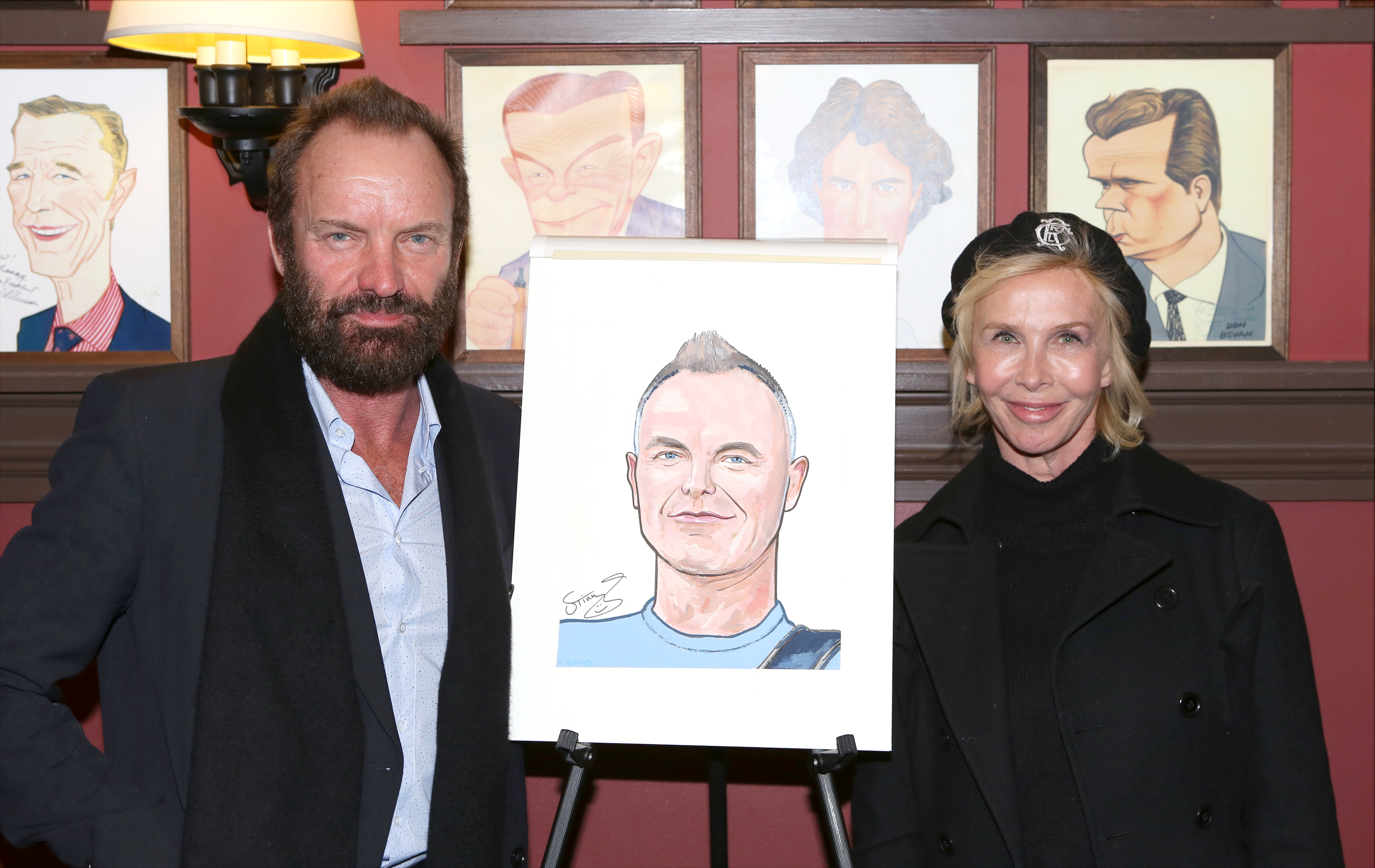 Sting and Trudie Styler at the singer's caricature unveiling on January 20, 2015, in New York. | Source: Getty Images