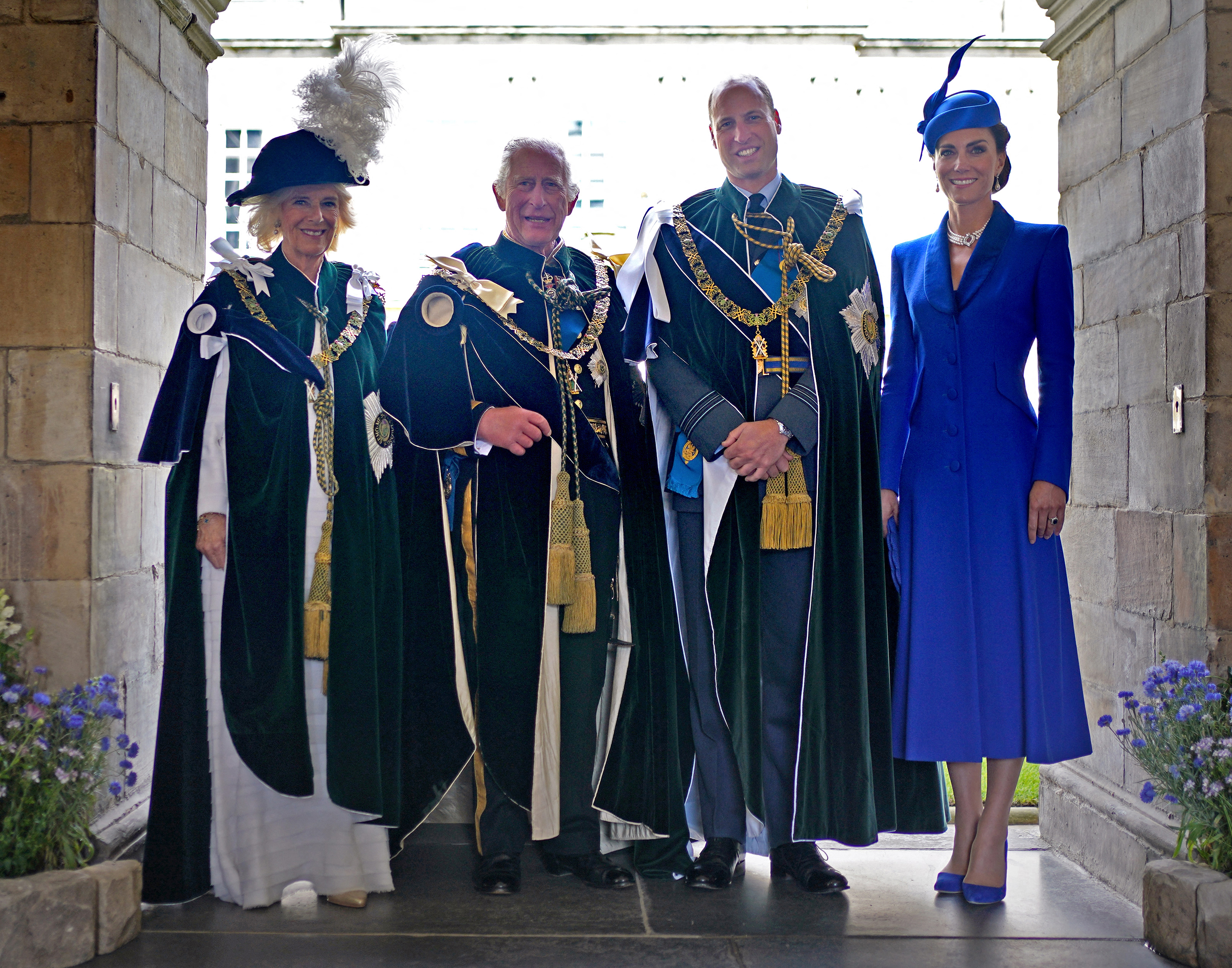 Queen Camilla, King Charles III, Prince William, and Princess Catherine after watching a fly-past by the British Royal Air Force's (RAF) aerobatic team from the Palace of Holyroodhouse, in Edinburgh on July 5, 2023. | Source: Getty Images