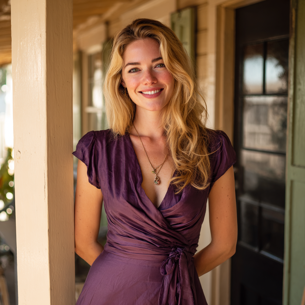 A woman standing on a porch | Source: Midjourney