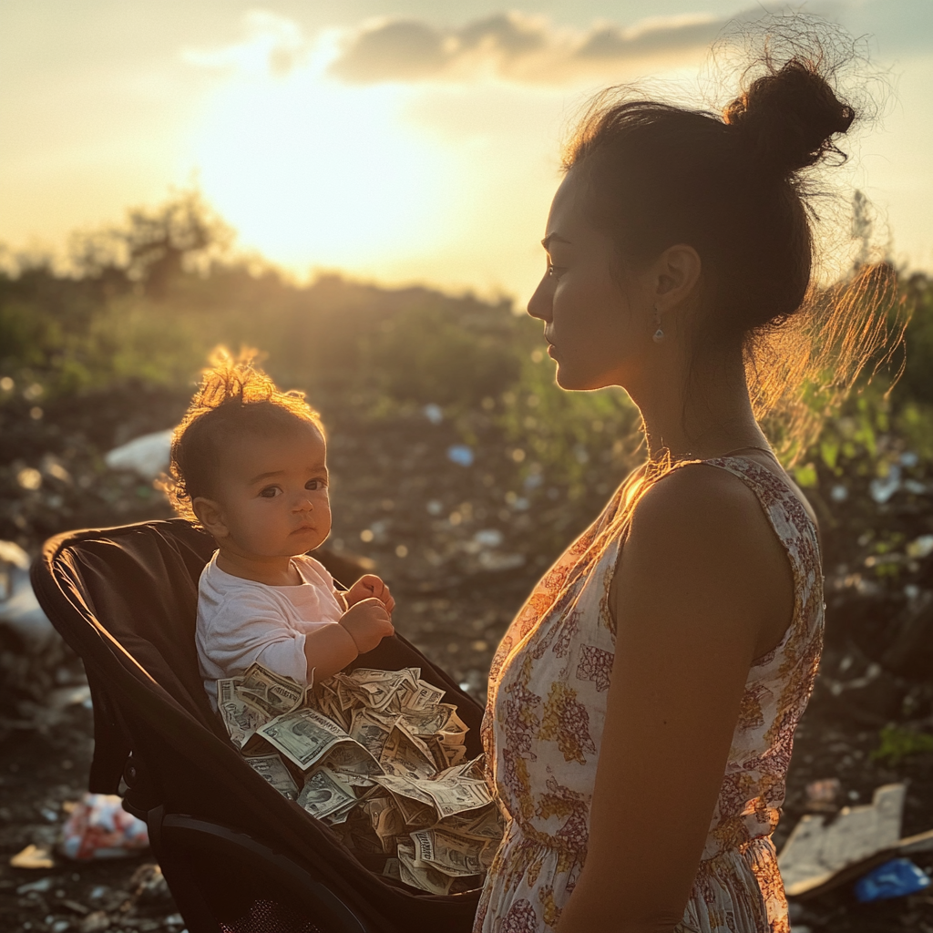 Young mother with a stroller full of cash | Source: Midjourney