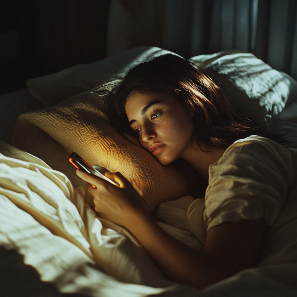 Woman using her phone while in bed | Source: Midjourney