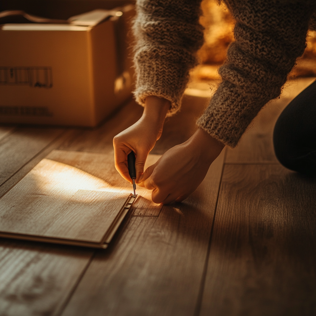 A woman using a screwdriver to open a floorboard | Source: Midjourney