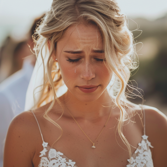 A bride crying at her wedding | Source: Midjourney