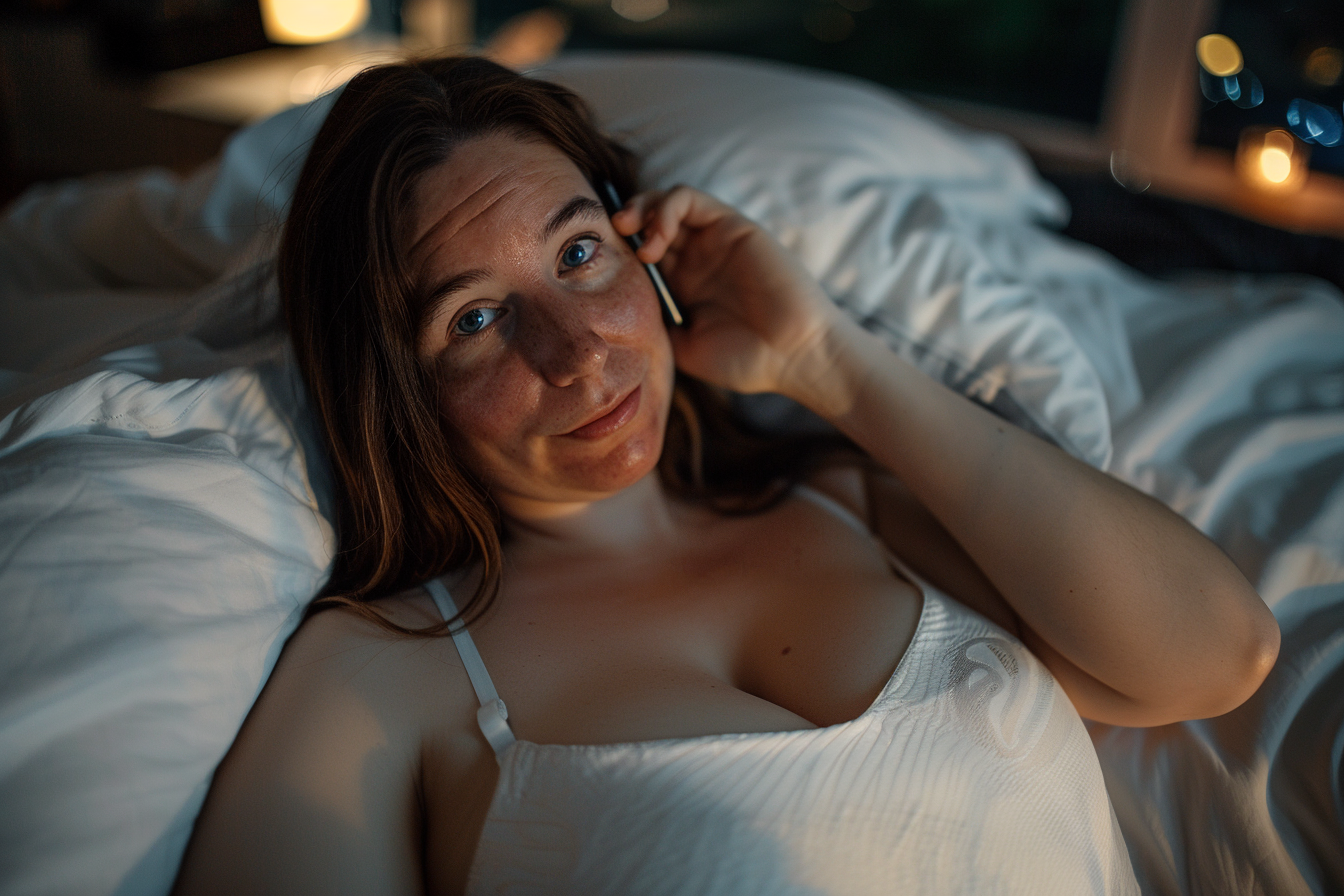 A woman in bed calling someone | Source: Midjourney