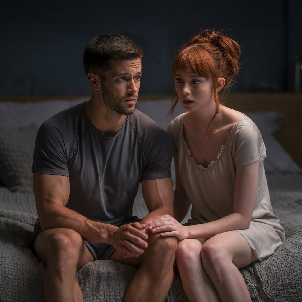 A man and woman sitting on a bed, looking concerned | Source: Midjourney