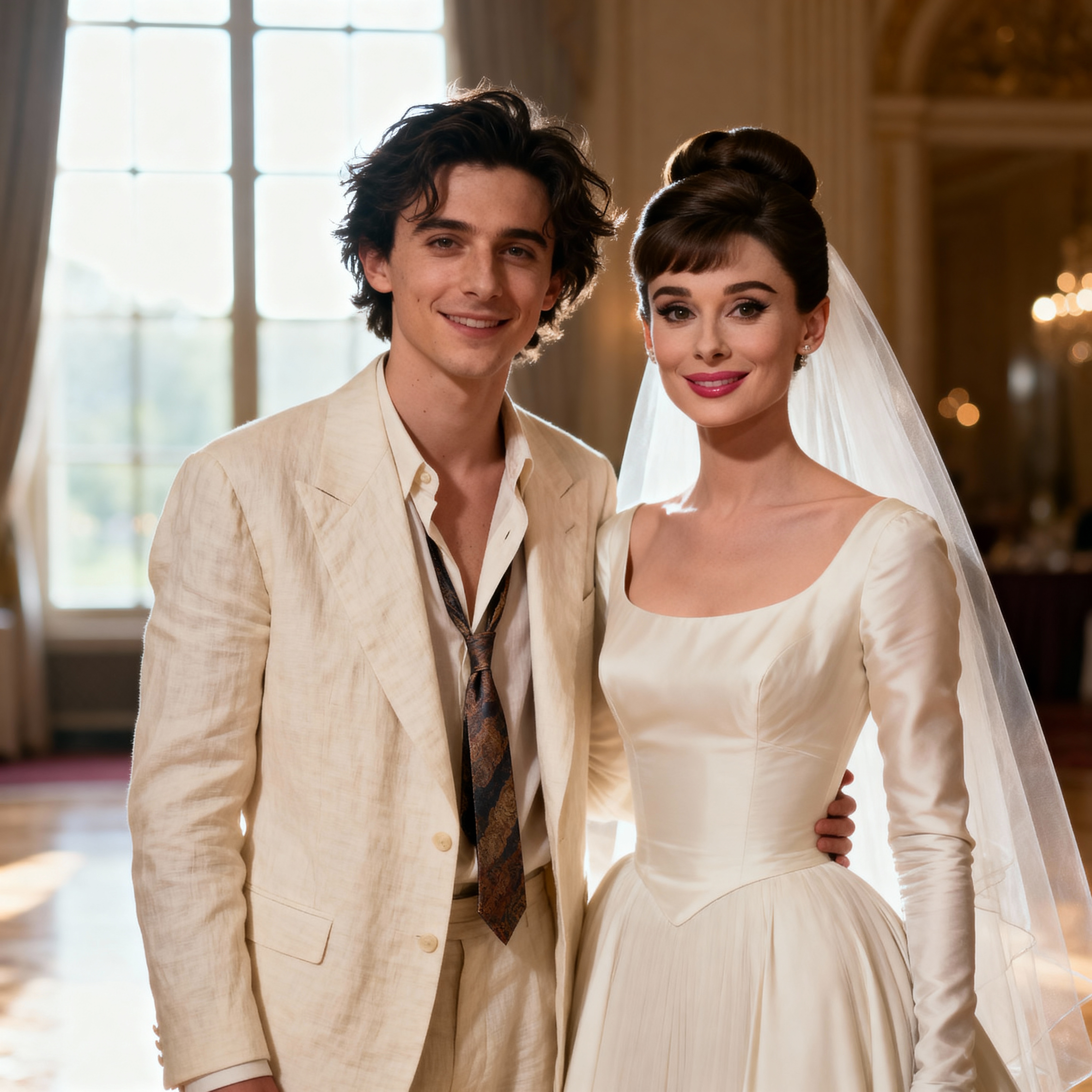 Audrey Hepburn and Timothée Chalamet as Hepburn's iconic grace meets Chalamet's romantic charm in an imagined portrait straight out of Parisian cinema | Source: Grok AI