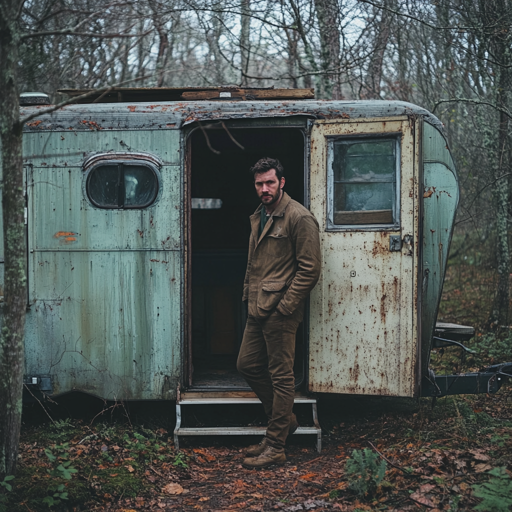 Man standing at the door of an old trailer | Source: Midjourney